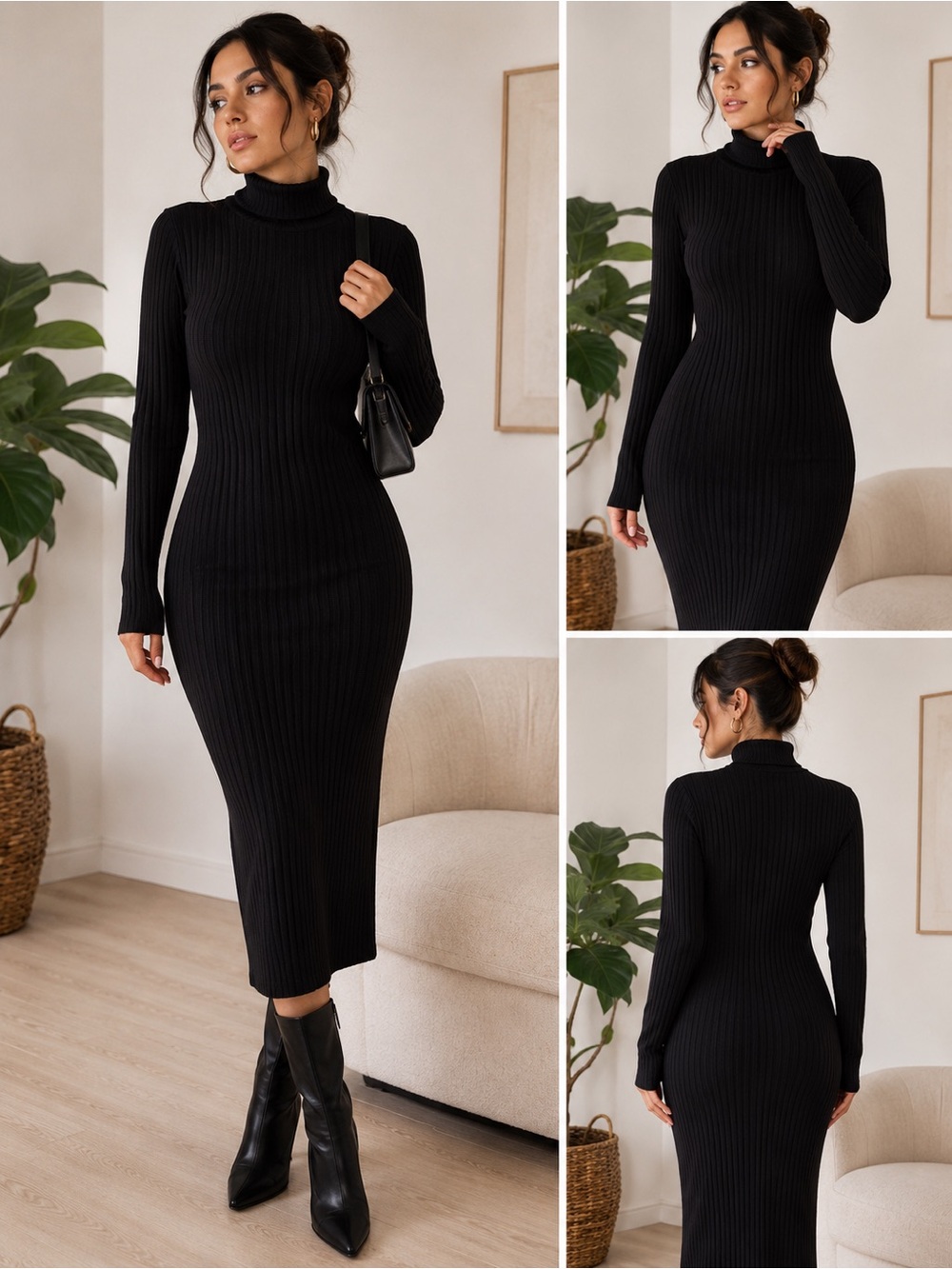 H&M Black Ribbed Turtleneck Midi Sweater Dress | Size L | Stretch Knit